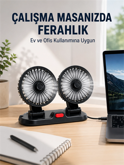 Araç ve Ev Kullanımına Uygun Çift Başlıklı Masaüstü Vantilatör