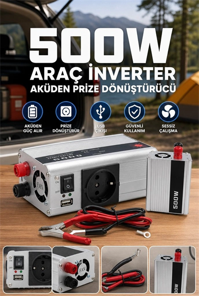 Araç ve Karavan İçin 500W 12V DC 220V AC USB Çıkışlı Fanlı İnverter Akü Güç Dönüştürücü