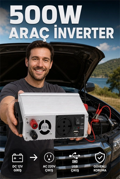 Araç ve Karavan İçin 500W 12V DC 220V AC USB Çıkışlı Fanlı İnverter Akü Güç Dönüştürücü