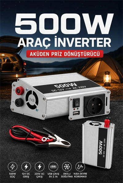Araç ve Karavan İçin 500W 12V DC 220V AC USB Çıkışlı Fanlı İnverter Akü Güç Dönüştürücü
