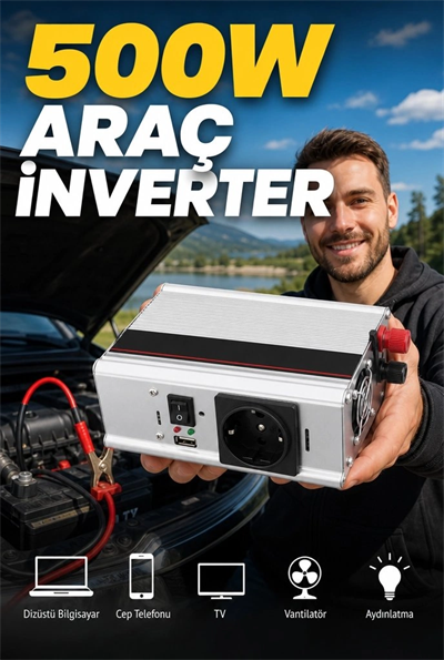 Araç ve Karavan İçin 500W 12V DC 220V AC USB Çıkışlı Fanlı İnverter Akü Güç Dönüştürücü