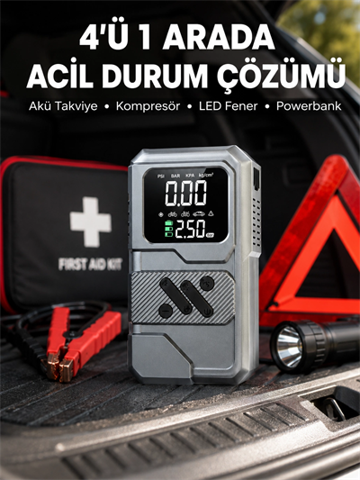 Araçlar İçin Akü Takviye Lastik Şişirme ve Powerbank Cihazı