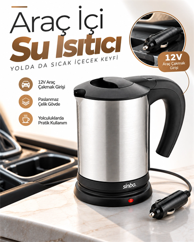 Araçta Sıcak Su Hazırlamak İçin 12V Çakmak Girişli Paslanmaz Çelik Su Isıtıcı Kettle