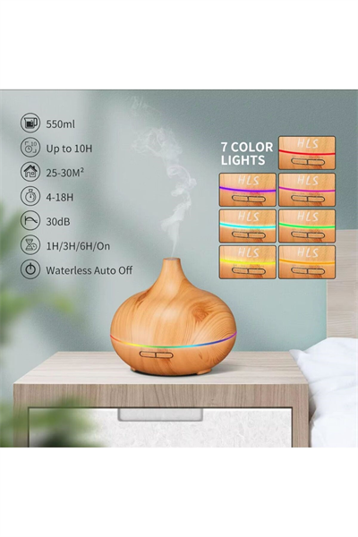 Aroma Difüzör Gece Işığı 7 Led Nemlendirici Kumandalı 550 ml Buhar Makinesi