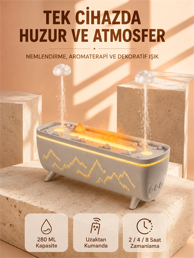 Aroma Difüzörü 280 ML Yağmur Damlası Efektli Hava Nemlendirici Uzaktan Kumandalı LED Işıklı