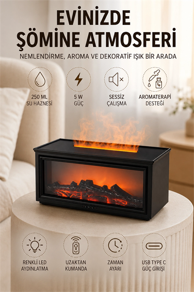 Aroma Difüzörü Simüle Alev Efektli Sessiz Hava Nemlendirici 250 ML