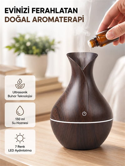 Aromaterapi Difüzör Ahşap Desenli ve Ultrasonik Nemlendirici LED Işıklı