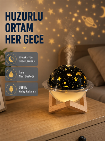 Aromaterapili USB Hava Nemlendirici – Projeksiyon Işıklı, Sessiz ve Şık Tasarım