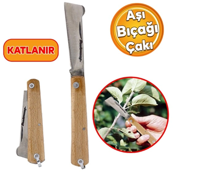 Aşı Bıçağı Profesyonel Çelik Tepeli Uçlu Bağ Ağaç Budama Aşı Çakısı 170 Mm Ahşap Saplı Bıçak Çakı