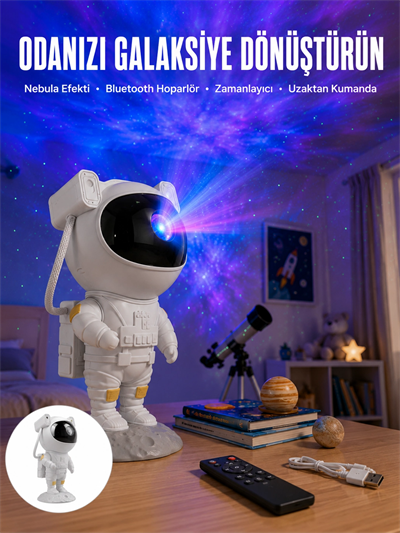 Astronot Bluetooth Hoparlör Gökyüzü Projektör Gece Lambası