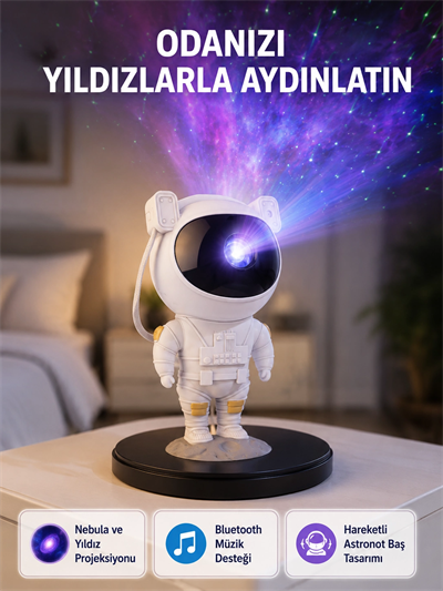 Astronot Projeksiyon Lambası Bluetooth Müzikli ve Uzaktan Kumandalı