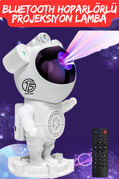 Astronot Tasarımlı Bluetooth Hoparlörlü HD Yıldız Projeksiyonlu Dekoratif Gece Lambası