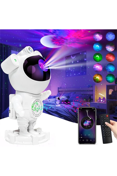 Astronot Tasarımlı Bluetooth Hoparlörlü HD Yıldız Projeksiyonlu Dekoratif Gece Lambası