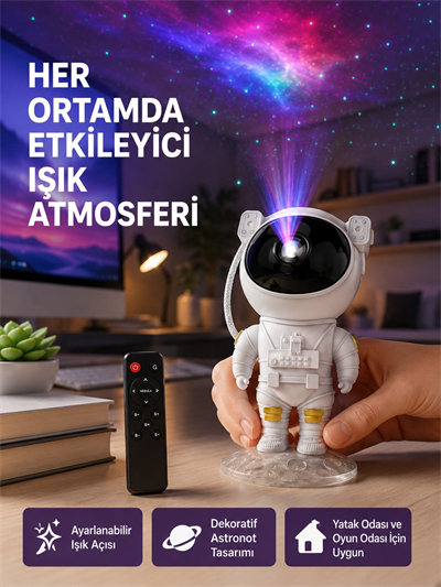 Astronot Yıldız Projeksiyon Lambası 8 Efektli Uzaktan Kumandalı Gece Işığı