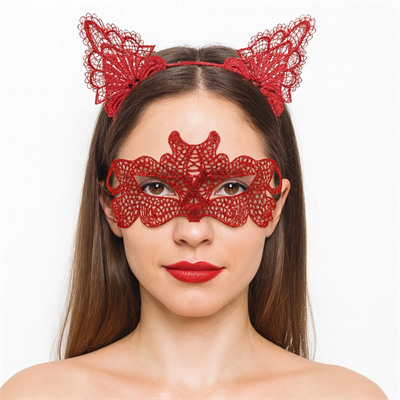 Ateş Kırmızısı Dantel Taç Ve Maske Seti 10 No - Maskeli Balo & Özel Gün Seti
