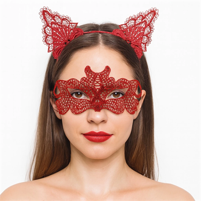 Ateş Kırmızısı Dantel Taç Ve Maske Seti 10 No - Maskeli Balo  Özel Gün Seti