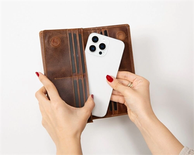 Aura Hakiki Deri, El Yapımı, Telefon Bölmeli, Kadın Cüzdanı, Antik Kahve