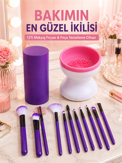 Avantajlı İkili Set 12’li Mor Makyaj Fırçası ve Elektrikli Makyaj Fırçası Yıkama Temizleme Cihazı