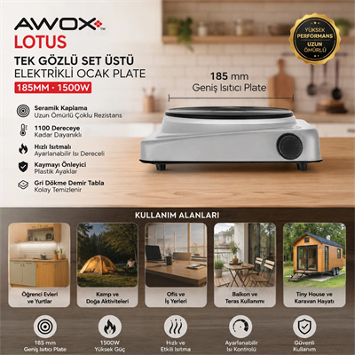 Awox Lotus Tek Gözlü Elektrikli Ocak Plate 185mm.1500w Bx40