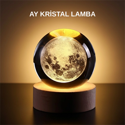 Ay Figürlü 3D Kristal Küre LED Gece Lambası Ahşap Standlı Dekoratif Lamba