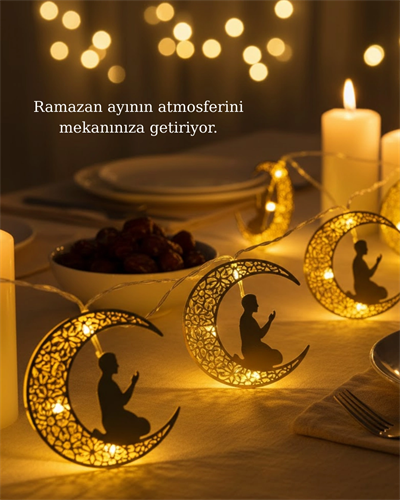 Ay ve Secde Tasarımlı Sıcak Beyaz LED Ramazan Işığı