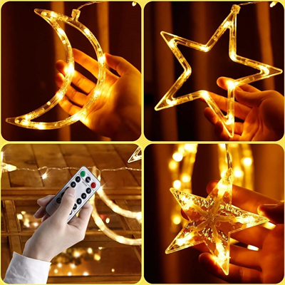 Ay ve Yıldız Figürlü Kumandalı 12 Sarkıtlı 120 LED Dekor Işık – Dekoratif Ortam ve Masaüstü Aydınlatması