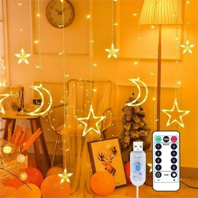 Ay ve Yıldız Figürlü Kumandalı 12 Sarkıtlı 120 LED Dekor Işık – Dekoratif Ortam ve Masaüstü Aydınlatması
