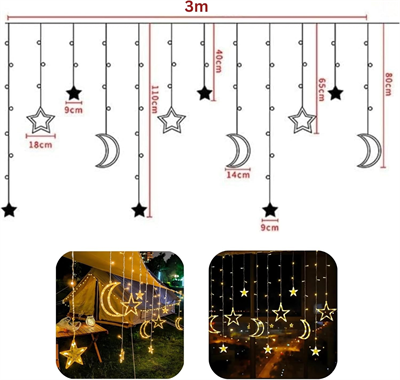 Ay ve Yıldız Figürlü Kumandalı 12 Sarkıtlı 120 LED Dekor Işık – Dekoratif Ortam ve Masaüstü Aydınlatması