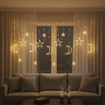 Ay ve Yıldız Figürlü Kumandalı 12 Sarkıtlı 120 LED Dekor Işık – Dekoratif Ortam ve Masaüstü Aydınlatması (3936)