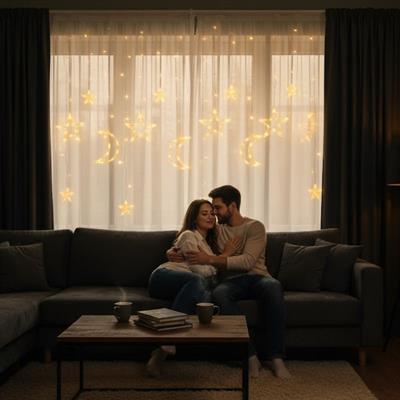 Ay ve Yıldız Figürlü Kumandalı 12 Sarkıtlı 120 LED Dekor Işık – Dekoratif Ortam ve Masaüstü Aydınlatması (3936)