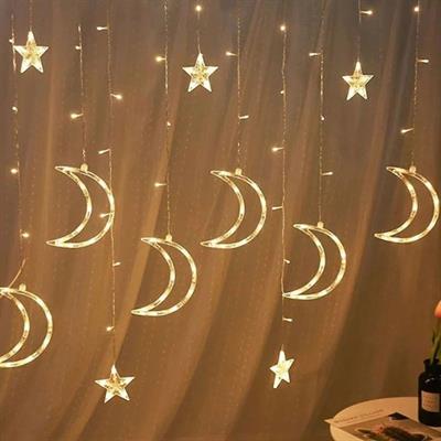 Ay ve Yıldız Figürlü Kumandalı 12 Sarkıtlı 120 LED Dekor Işık – Dekoratif Ortam ve Masaüstü Aydınlatması (3936)