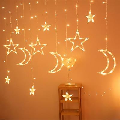 Ay ve Yıldız Figürlü Kumandalı 12 Sarkıtlı 120 LED Dekor Işık – Dekoratif Ortam ve Masaüstü Aydınlatması (3936)