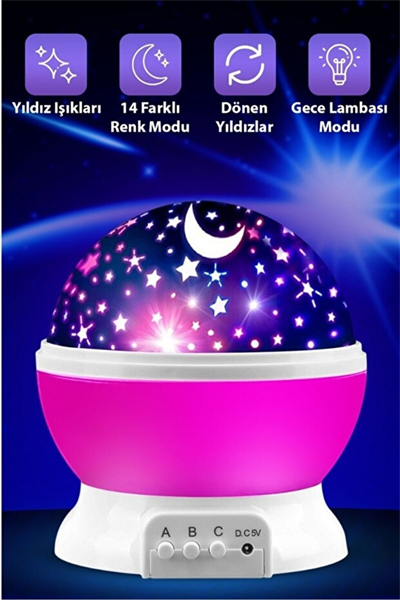 Ay ve Yıldızlı Gökyüzü Yansıtmalı Dönen Projeksiyon Gece Lambası- Çocuk Bebek Odası Pembe