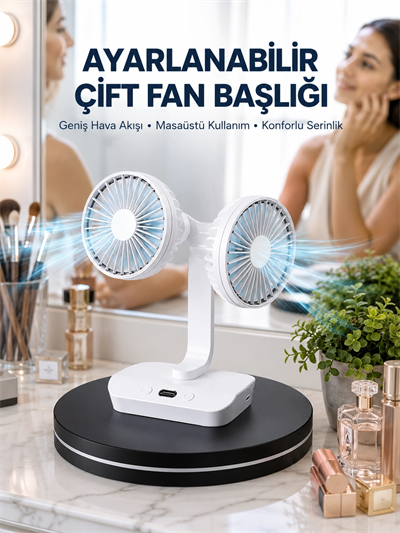 Ayarlanabilir Hızlı Çift Başlıklı Masaüstü Fan – Gece Lambalı Serinletici