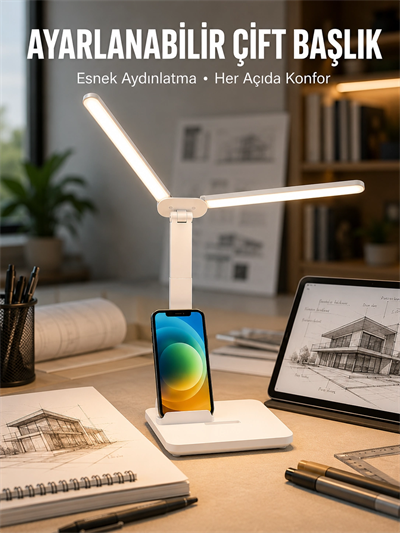 Ayarlanabilir Kısılabilir LED Masa Lambası | Entegre Kalemlik ve Telefon Tutucu Özellikli Yeni Nesil