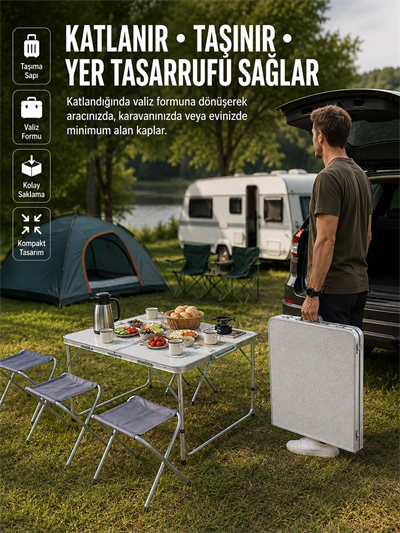 Ayarlanabilir Yükseklikli Kamp ve Piknik Masası 4 Kişilik Katlanabilir Masa Seti