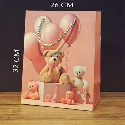 Ayıcık Desenli Pembe Büyük Boy Karton Hediye Çantası