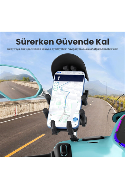 Ayna Bağlantılı Güneş Ve Yağmur Korumalı 360° Derece Ayarlanabilir Motosiklet Telefon Tutucu