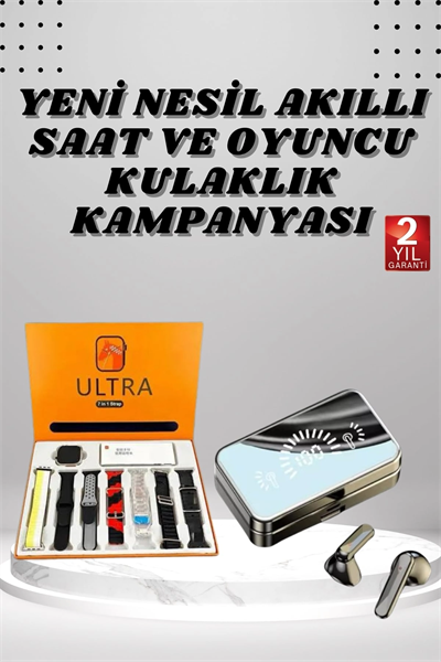 Aynalı Bluetooth Kulaklık ve 7 Kordonlu Akıllı Saat Dijital Göstergeli Uzun Pil Ömrü