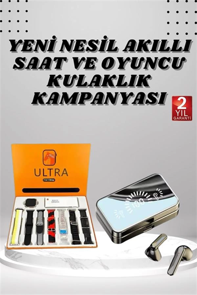 Aynalı Bluetooth Kulaklık ve 7 Kordonlu Akıllı Saat Dijital Göstergeli Uzun Pil Ömrü