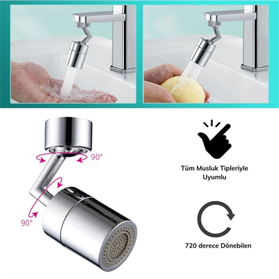 BUFFER®  720 Derece Dönebilen 4 Filtreli Tüm Musluk Tipleri İle Uyumlu Montaj Aparatlı Musluk Başlık