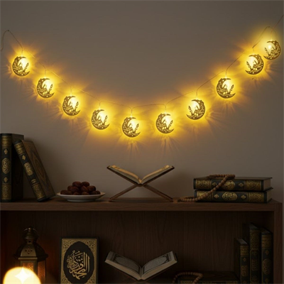BUFFER® 10 Adet Sarkıtlı Ramazan Hilal Üstü Cami Temalı LED Işık – Pilli 2 Metre Ramazan Süsü, İslami Dekorasyon, Ev ve Mekanlar İçin Dekoratif Ortam