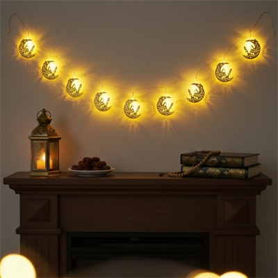BUFFER® 10 Adet Sarkıtlı Ramazan Hilal Üstü Cami Temalı LED Işık – Pilli 2 Metre Ramazan Süsü, İslami Dekorasyon, Ev ve Mekanlar İçin Dekoratif Ortam