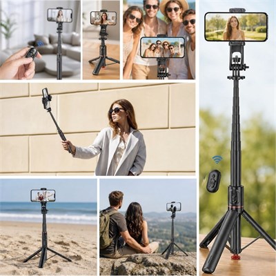 BUFFER® 130 cm Uzayabilen Manyetik Kumandalı Tripod ve Ayarlanabilir Telefon Tutuculu, Alüminyum Gövdeli Selfie Çubuğu