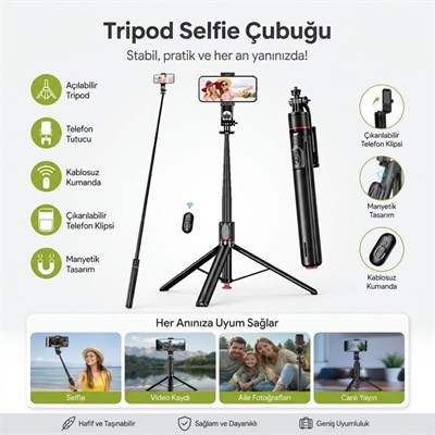 BUFFER® 130 cm Uzayabilen Manyetik Kumandalı Tripod ve Ayarlanabilir Telefon Tutuculu, Alüminyum Gövdeli Selfie Çubuğu