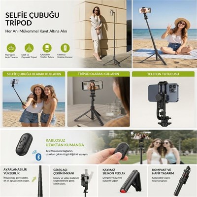 BUFFER® 130 cm Uzayabilen Manyetik Kumandalı Tripod ve Ayarlanabilir Telefon Tutuculu, Alüminyum Gövdeli Selfie Çubuğu