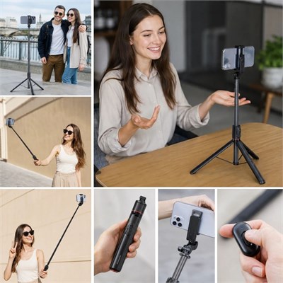 BUFFER® 130 cm Uzayabilen Manyetik Kumandalı Tripod ve Ayarlanabilir Telefon Tutuculu, Alüminyum Gövdeli Selfie Çubuğu