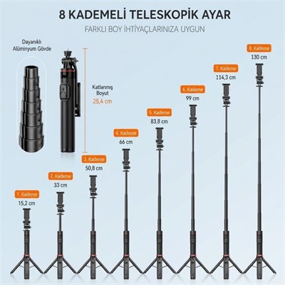 BUFFER® 130 cm Uzayabilen Manyetik Kumandalı Tripod ve Ayarlanabilir Telefon Tutuculu, Alüminyum Gövdeli Selfie Çubuğu