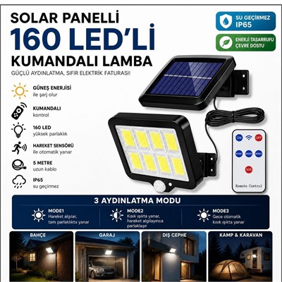 BUFFER® 160 LED Solar Bahçe Aydınlatması, 6lı Güneş Panelli LED Lamba, 5 Metre Kablolu ve Kumandalı