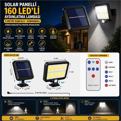 BUFFER® 160 LED Solar Bahçe Aydınlatması, 6lı Güneş Panelli LED Lamba, 5 Metre Kablolu ve Kumandalı